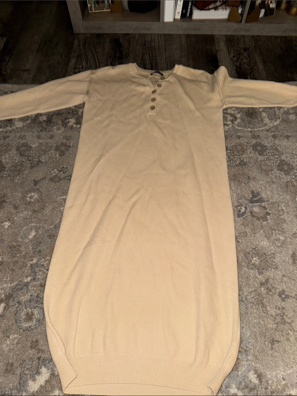 Beige Long-Sleeve Henley Nightgown - Comfortable Knit Sleep Dress